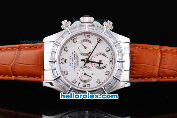 Rolex Daytona Oyster Perpetual Chronometer Automatic with White Diamond Bezel,White Dial and Diamond Marking-Leather Strap - Click Image to Close